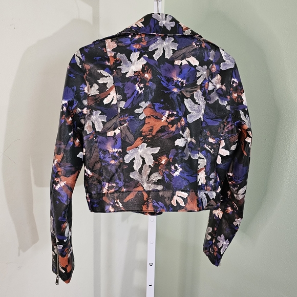 Sam Edelman Faux Vegan Leather Moto Jacket Floral Size Small Black Pink Blue - Picture 7 of 9
